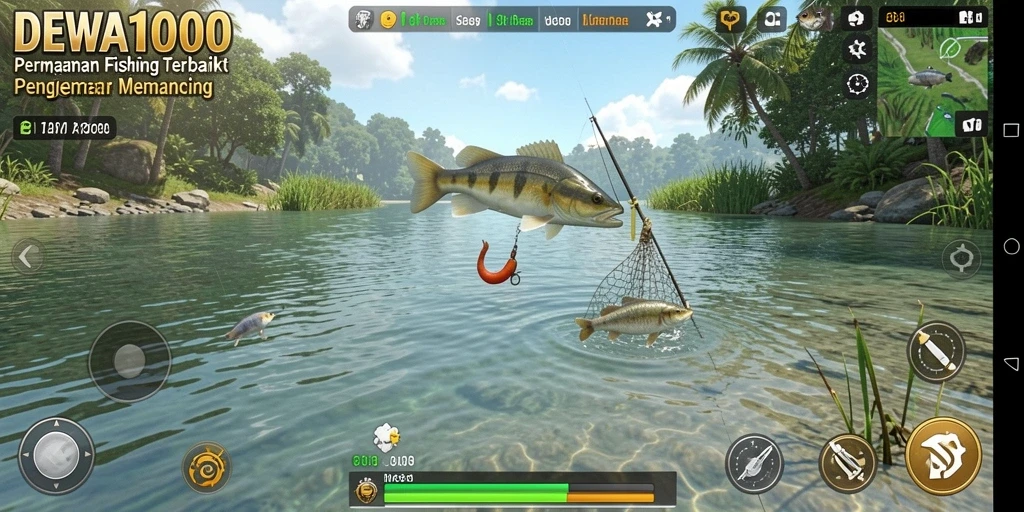 Screenshot gameplay DEWA1000 yang menampilkan aksi memancing seru.
