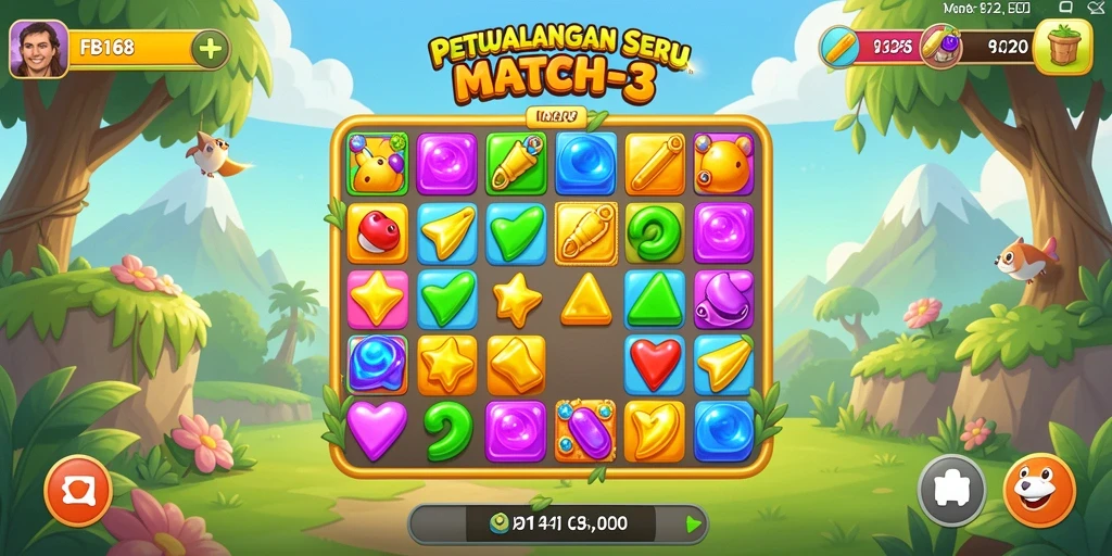 Screenshot utama FB168 menampilkan aksi seru dalam gameplay Match-3.