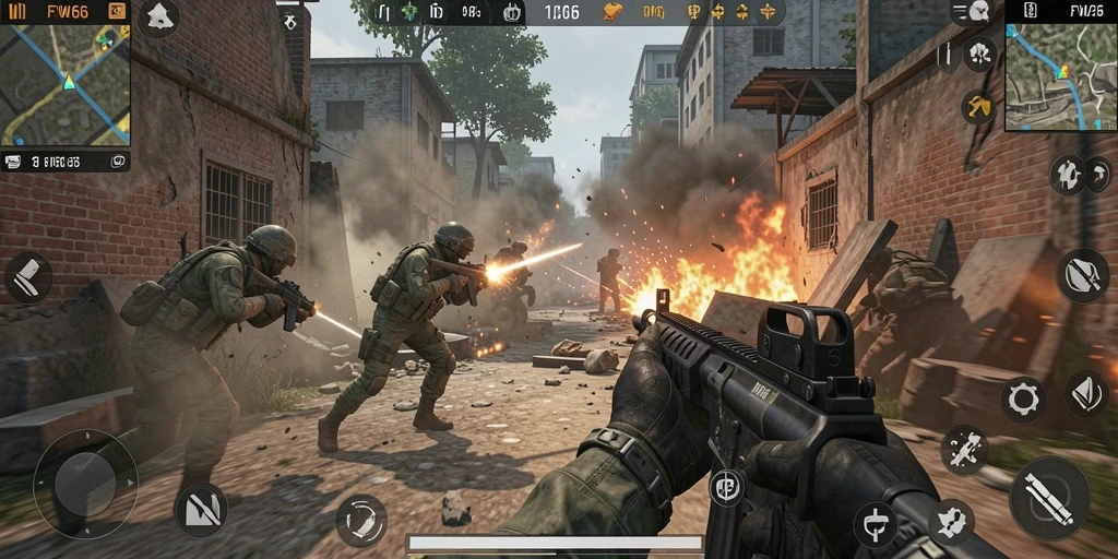 Screenshot utama FW66 menampilkan pertempuran intens antara pemain dalam lingkungan yang dinamis.