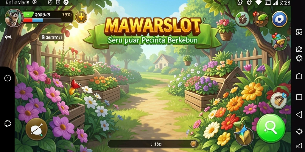Screenshot gameplay MAWARSLOT menampilkan kebun yang indah dan tanaman subur.