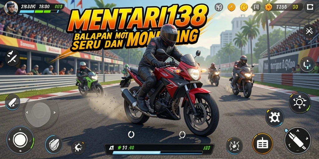 Screenshot utama MENTARI138 menampilkan gameplay balapan motor yang cepat.