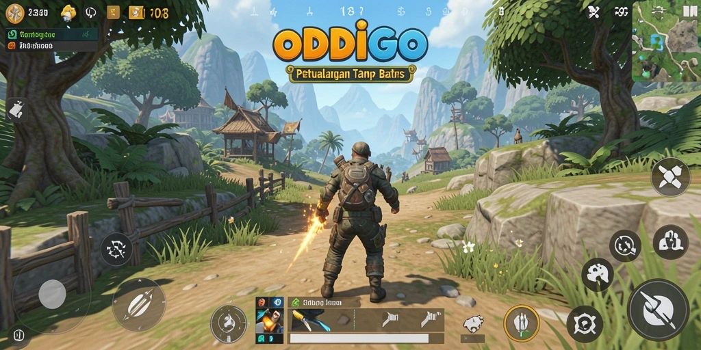 Screenshot gameplay menunjukkan petualangan seru di dunia terbuka ODDIGO.