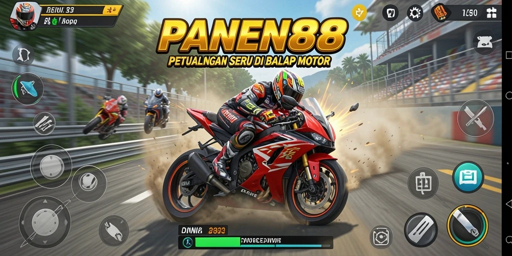 Tampilan gameplay PANEN88 yang mendebarkan di lintasan balap motor.