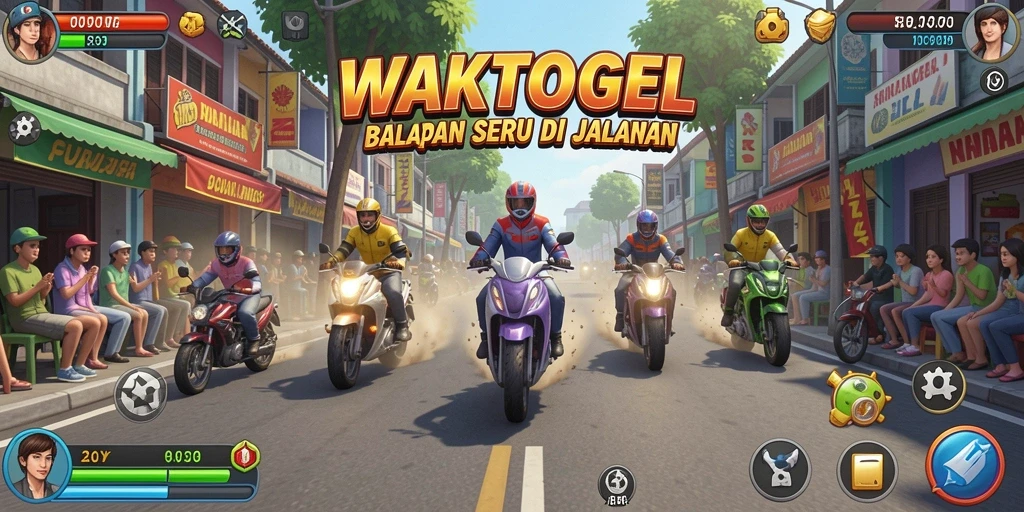 Gameplay WAKTOGEL dengan balapan seru di berbagai trek.